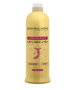 Keratin Plus Gold Shampoo Jean Paul Mynè a pH basico, arricchito con estratti di Aloe vera e caffè, da utilizzare esclusivamente come primo passo del trattamento per la lisciatura