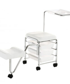 Chrome Pedicure Uki è un carrello pedicure con piano di lavoro, appoggiapiedi, 3 cassetti, telaio in metallo cromato e sedile imbottito