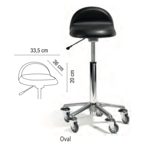Sgabello Oval Sibel regolabile in altezza, base a stella in alluminio, rotelle anti-capelli. Adatto per tutte le corporature.