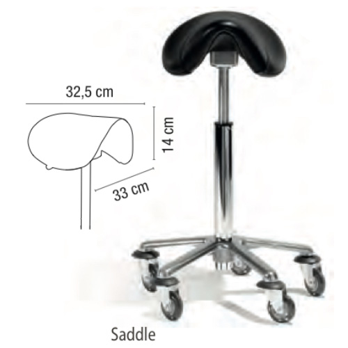 Sgabello Saddle Sibel regolabile in altezza, base a stella in alluminio, rotelle anti-capelli. Adatto per tutte le corporature.