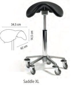 Sgabello Saddle XL Sibel regolabile in altezza, base a stella in alluminio, rotelle anti-capelli. Adatto per tutte le corporature.