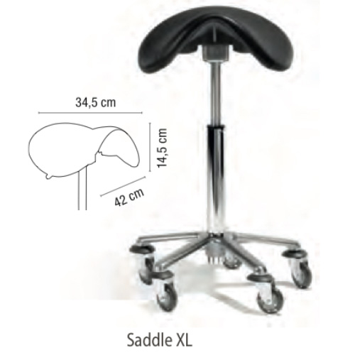 Sgabello Saddle XL Sibel regolabile in altezza, base a stella in alluminio, rotelle anti-capelli. Adatto per tutte le corporature.