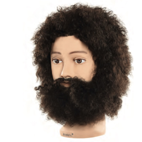 Testina Studio Gustav Sibel completa di barba e baffi 100% capelli umani. Impianto classic curly, densità media 200-230 capelli/cm2